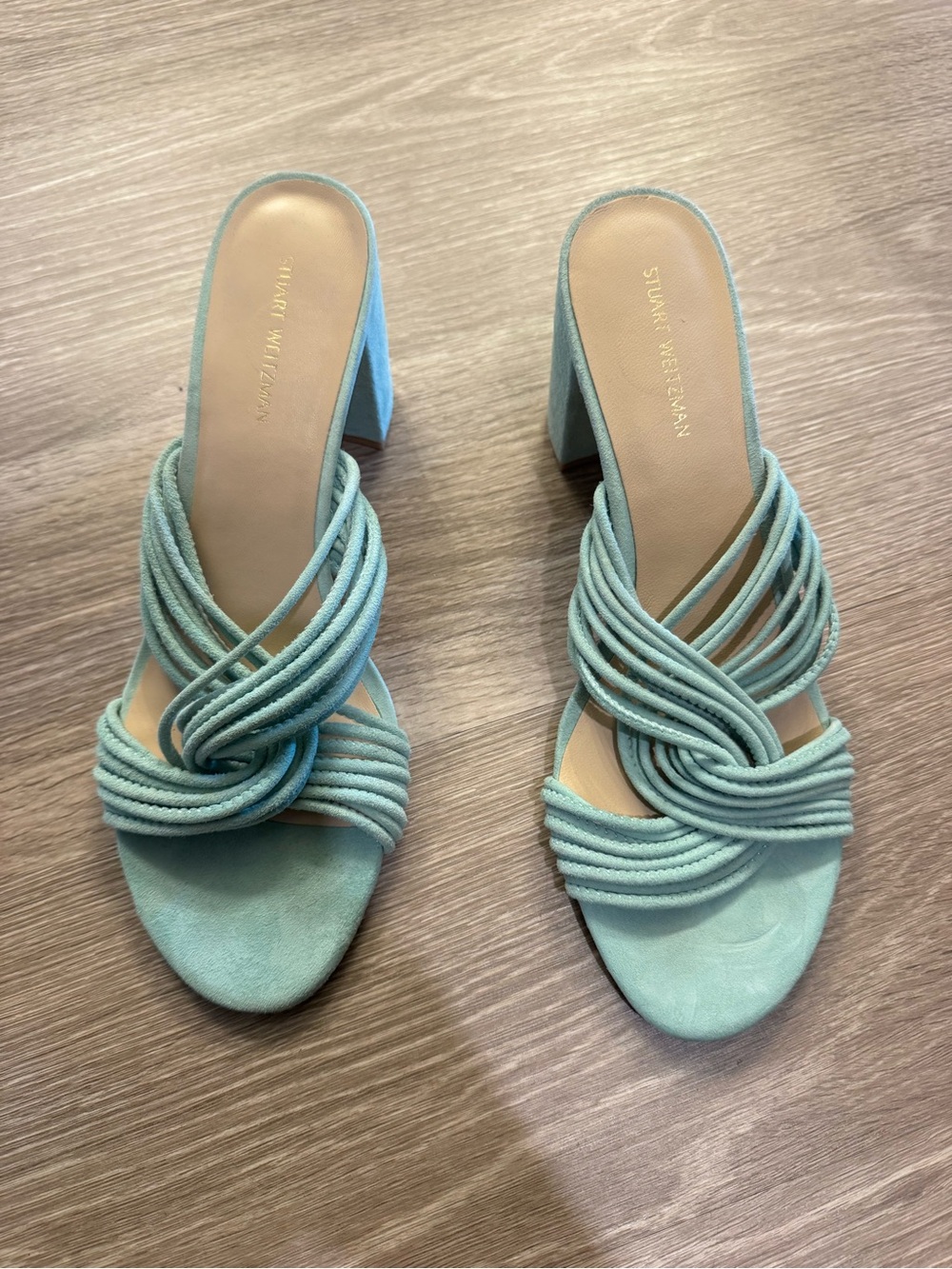 Stuart Weitzman Light Blue Suede Knotted Rope Block Heel Mules